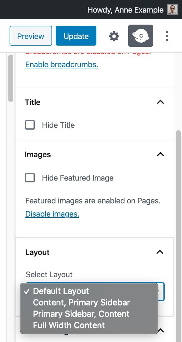 The Genesis page layout options in the block editor within the Genesis sidebar.