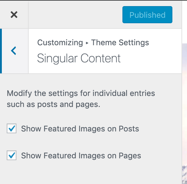 Customizer options showing checkboxes to display images on posts and pages.