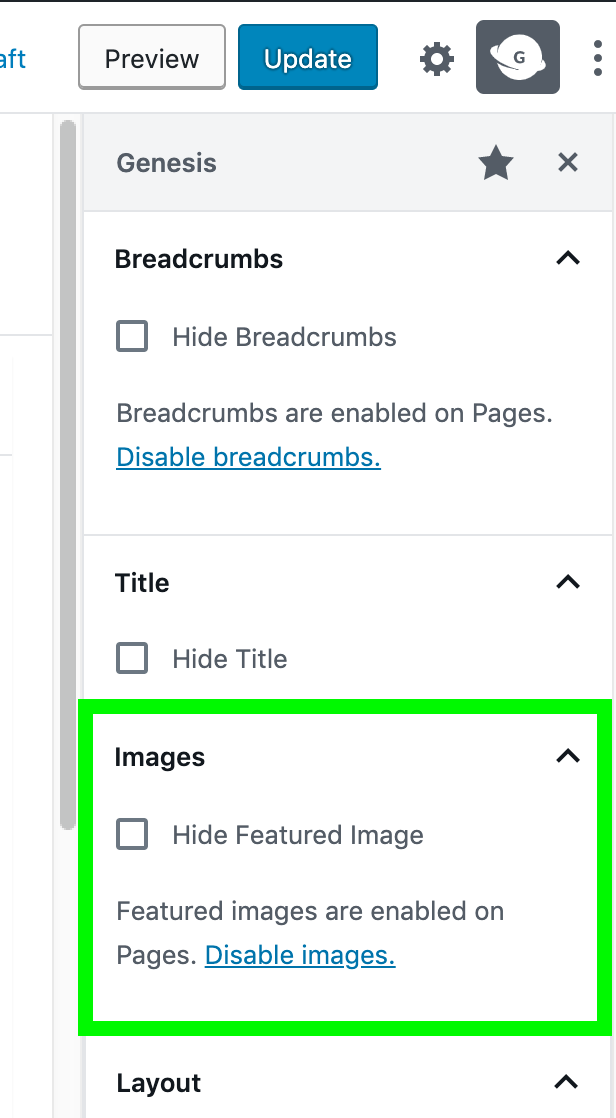 Genesis sidebar in the WordPress block editor showing the Images panel that allows users to hide featured images for the current entry.