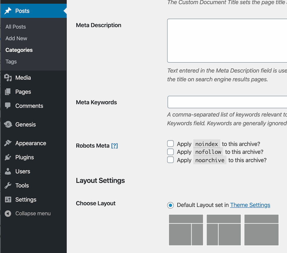 The Genesis archive layout options in the WordPress admin area.