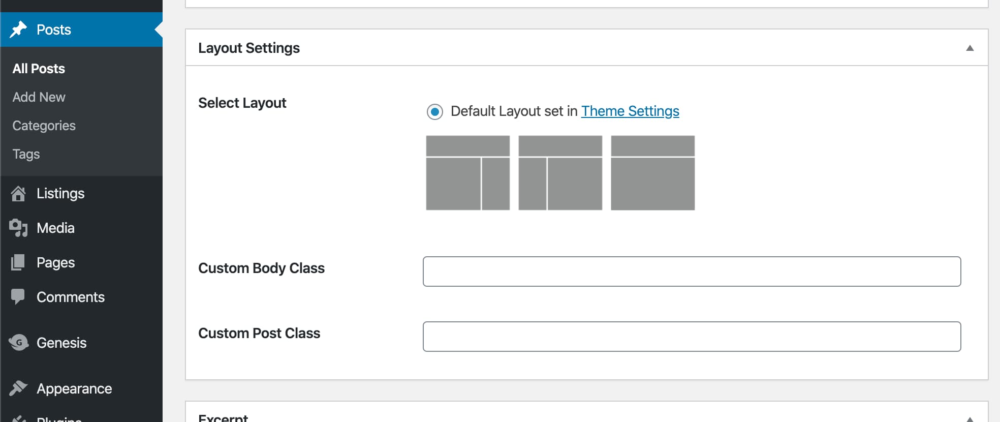 The Genesis page layout options in the classic editor within the Layout Settings meta box.